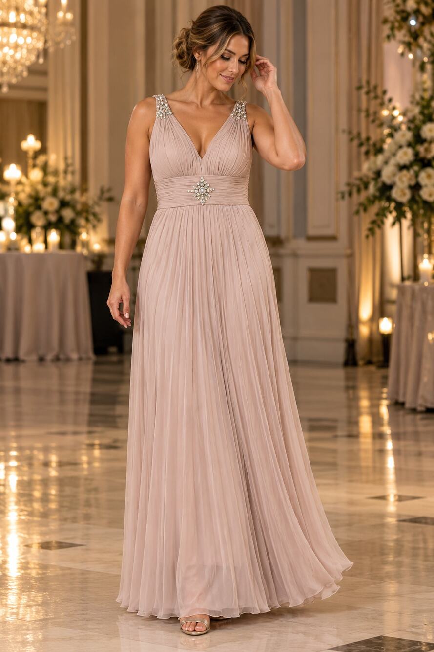 NWT Demetrios Chiffon Gown 12 Beaded Pleated Bridesmaid Formal Evening Maxi